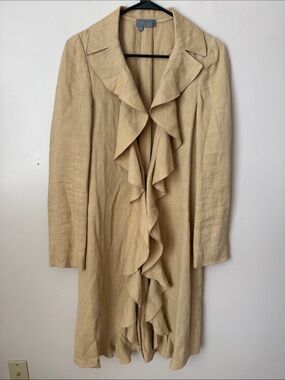 Eccoci 100% Linen Ruffled Long Cardigan Topper Overcoat Jacket Beach Lightweight